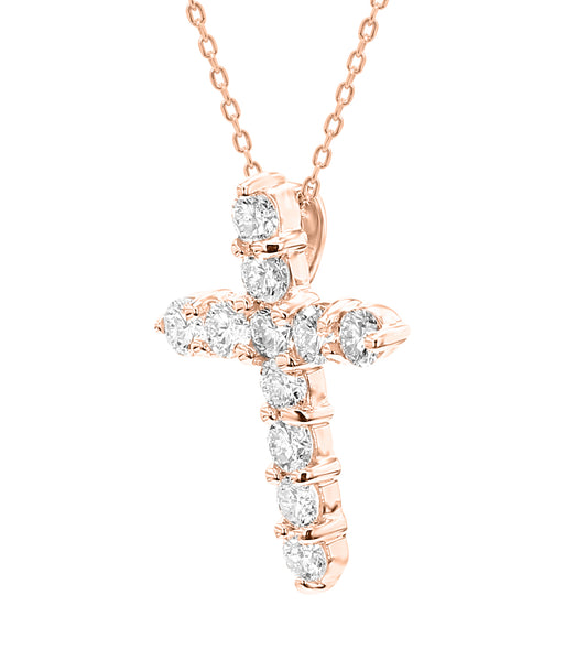 Round Cut Diamond Cross Pendant 14 & 18K in White, Yellow & Rose Gold - Solitaire Box