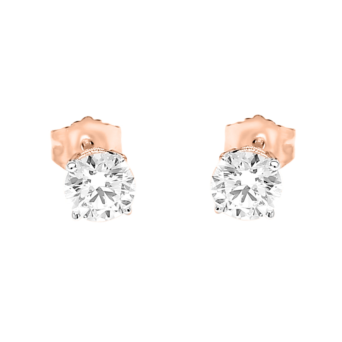 Round Cut Diamond Studs Earrings- 14K & 18K in White, Yellow & Rose Gold - Solitaire Box